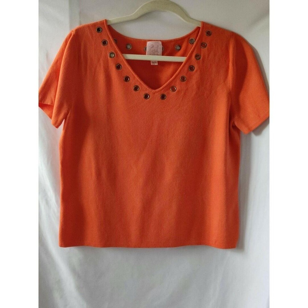 Pink Poodle Womens Short Sleeve Sweater Gold Grommets V-Neck Orange Size L